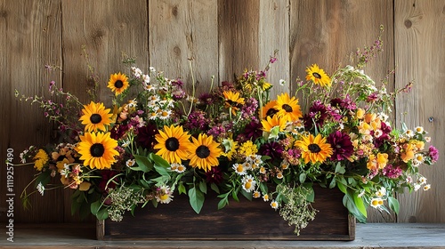 A vibrant arrangement of sunflowers and assorted wildflowers in a rustic wooden planter.