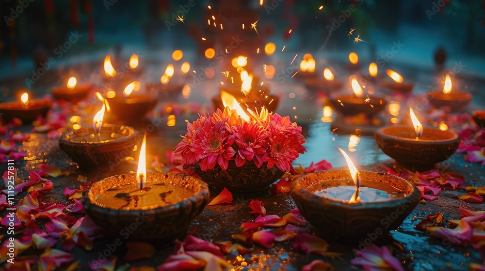 Obraz premium Illuminated clay bowls with candles and flowers.