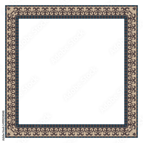 Square Turkic frame, workpiece for your design. Ornamental elements and motifs of Kazakh, Kyrgyz, Uzbek, national Asian decor for carpet, textile and print design, embroidery. Square Turkic frame. 