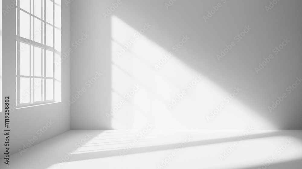 A minimalistic interior space with sunlight casting shadows on a white wall. A minimalistic interior space with sunlight casting shadows on a white wall.