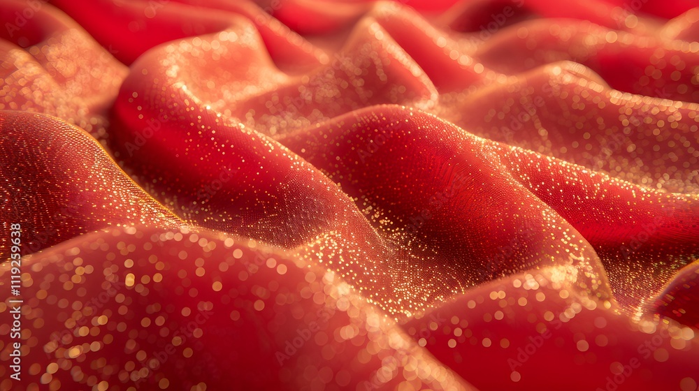 Red fabric with gold glitter, draped and wavy. Red fabric with gold glitter, draped and wavy.