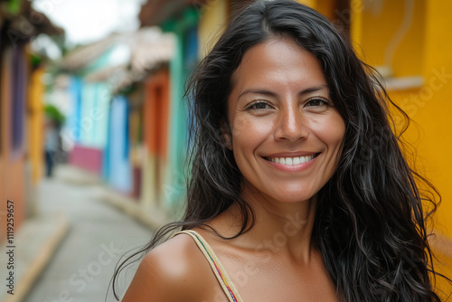 smile, 35 years old south american woman photo, on street
