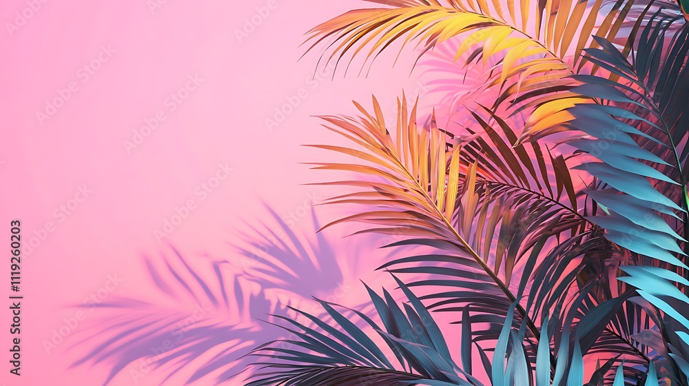 Vibrant tropical leaves against a pink background, creating a lively and artistic atmosphere. Vibrant tropical leaves against a pink background, creating a lively and artistic atmosphere.