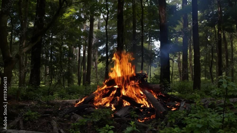 A vibrant bonfire crackles amidst a lush forest. Orange flames leap from a pile of burning logs, casting a warm glow against the dark tree trunks and undergrowth. A vibrant bonfire crackles amidst a lush forest. Orange flames leap from a pile of burning logs, casting a warm glow against the dark tree trunks and undergrowth.