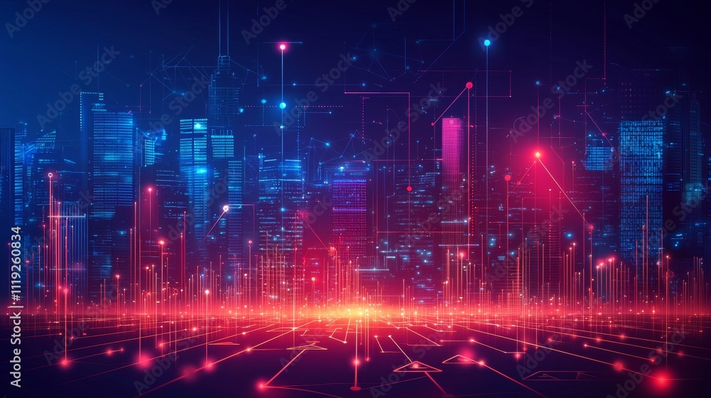 Digital growth, arrows forming a network of data, high-tech urban landscape, minimalist flat design illustration graphic --chaos 20 - Digital growth, arrows forming a network of data, high-tech urban landscape, minimalist flat design illustration graphic --chaos 20 -