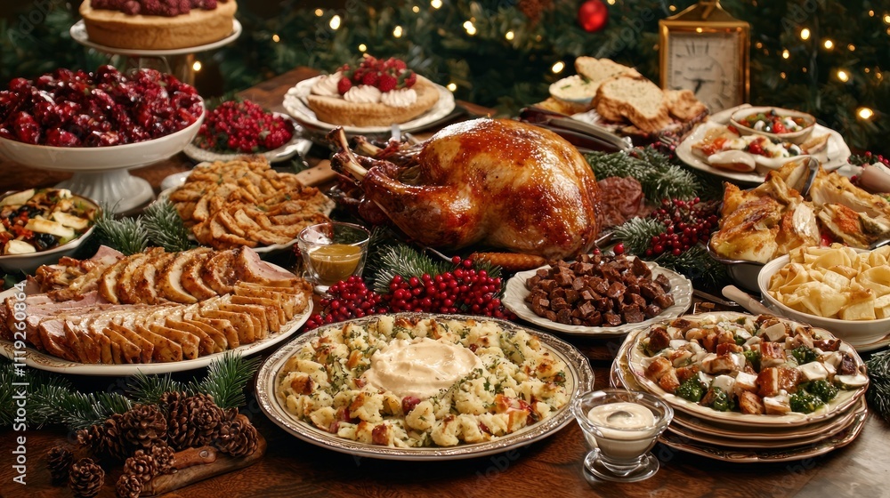A table filled with various holiday foods like roasted meats, side dishes, and festive desserts, with people gathered around enjoying the meal A table filled with various holiday foods like roasted meats, side dishes, and festive desserts, with people gathered around enjoying the meal