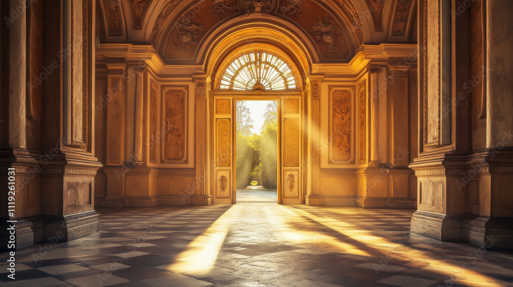 Arches with columns in wall, interior gates with white pillars in palace or castle, archway frames, portal entrance, antique doorway with sun light going from outside. Realistic 3d vector illustration Arches with columns in wall, interior gates with white pillars in palace or castle, archway frames, portal entrance, antique doorway with sun light going from outside. Realistic 3d vector illustration