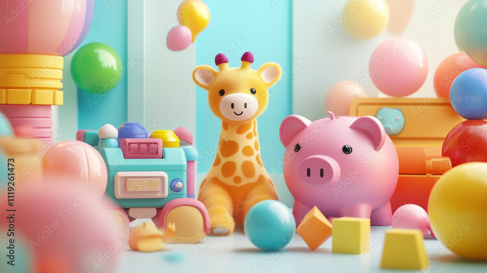 Kids toys, plush animals, ball, blocks, piggy bank and dog robot. Vector cartoon set of cute soft bear and giraffe, pig money box, mechanical puppy and cubes for baby play Kids toys, plush animals, ball, blocks, piggy bank and dog robot. Vector cartoon set of cute soft bear and giraffe, pig money box, mechanical puppy and cubes for baby play
