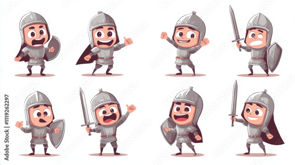 Cute knight character emotions isolated on background. Vector contemporary illustration of medieval soldier in armor with sword and shield happy, scared, relaxed, jumping, running, showing thumbs-up Cute knight character emotions isolated on background. Vector contemporary illustration of medieval soldier in armor with sword and shield happy, scared, relaxed, jumping, running, showing thumbs-up