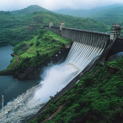 A dam releasing water, surrounded by lush green hills and a serene landscape.