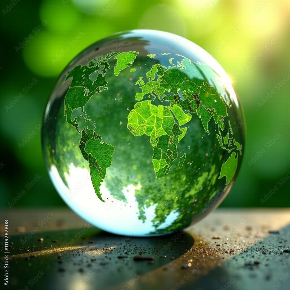 Glass Globe on smooth green background. World Earth Day poster template design. Close up of transparent Glass planet of Earth Glass Globe on smooth green background. World Earth Day poster template design. Close up of transparent Glass planet of Earth