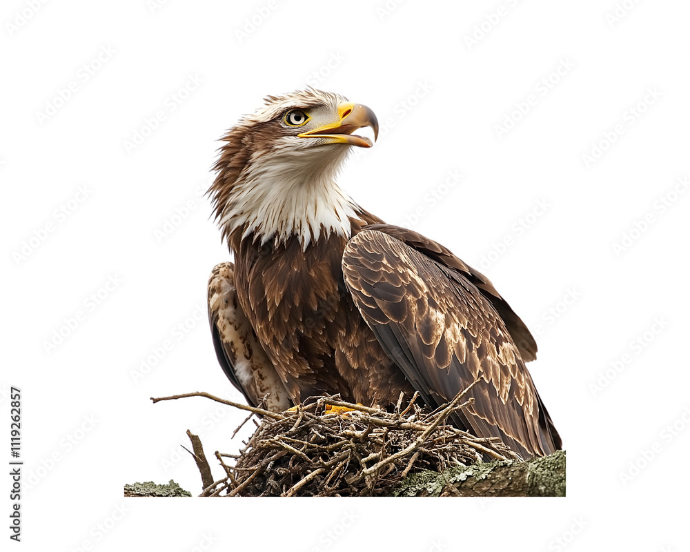 Obraz premium Eagle chick calling out from its nest high in a tree, isolated on white background