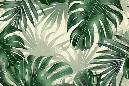 A natural arrangement of softly colored green and yellow leaves forms a calming, minimalist background, suited for designs related to nature. photo