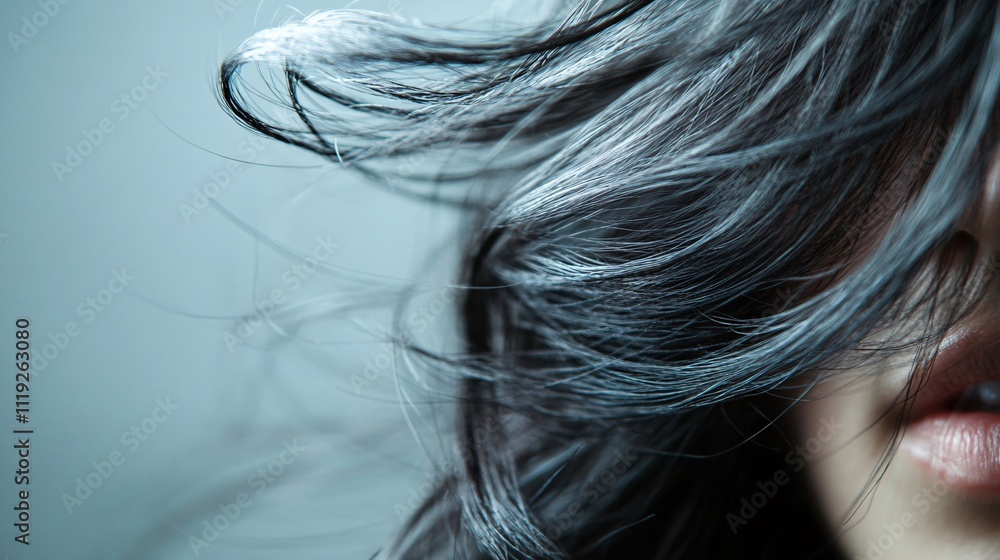 Naklejka premium Close-up of a woman's flowing dark hair partially covering her face, lips visible. Generative ai