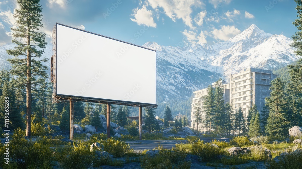 Giant Blank Billboard with a White Screen Near a Building and Snow Mountain Background Giant Blank Billboard with a White Screen Near a Building and Snow Mountain Background