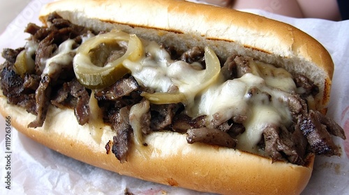 Delicious Philly cheesesteak sandwich on a long roll with melted cheese, grilled onions, and peppers. photo