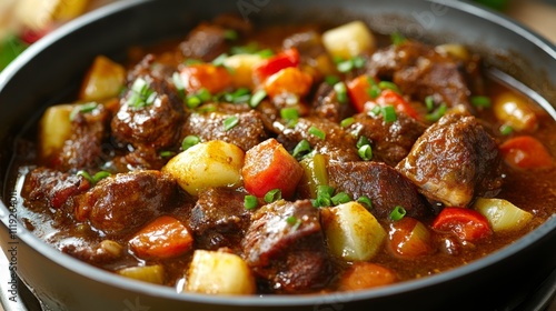 Delicious Beef Stew with Vegetables and Herbs in a Black Bowl