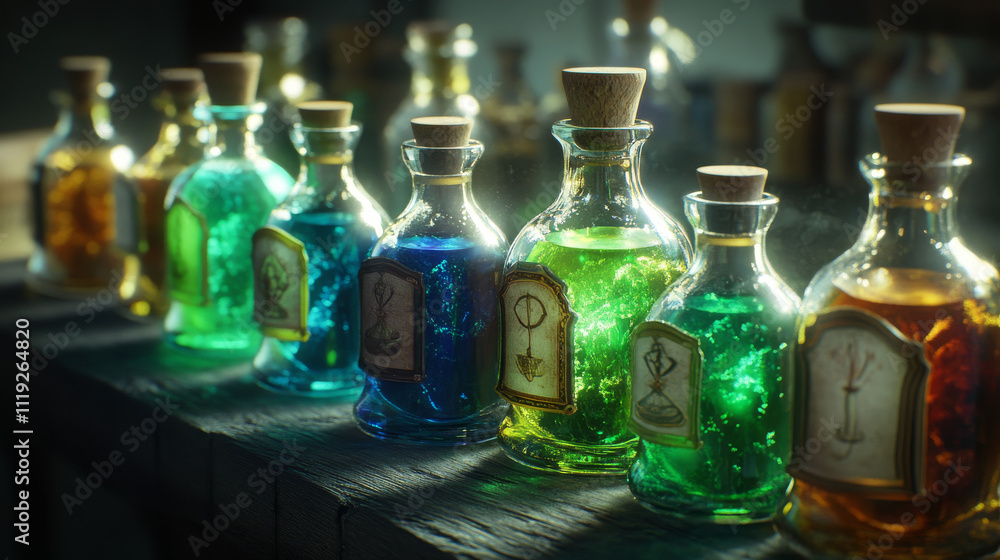 Witches elixirs, magic potions in glass bottles with corks and tags. Game items of alchemy vials and jars with liquid poisons and driks isolated on black background, vector cartoon set Witches elixirs, magic potions in glass bottles with corks and tags. Game items of alchemy vials and jars with liquid poisons and driks isolated on black background, vector cartoon set