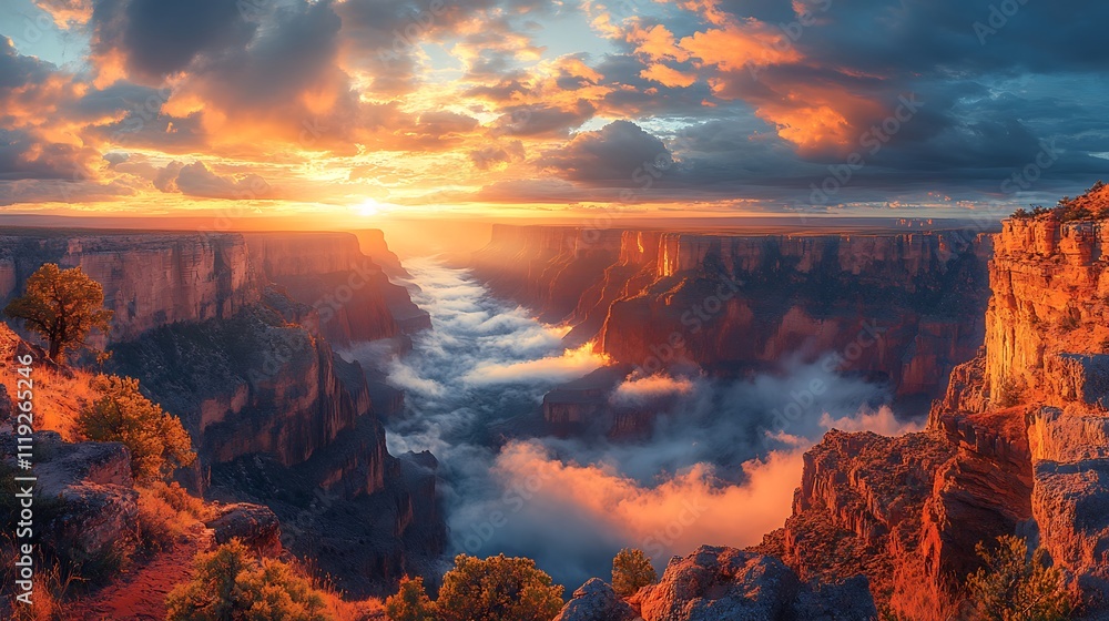 Fototapeta premium Vibrant sunset over a vast canyon, clouds filling the deep gorge.