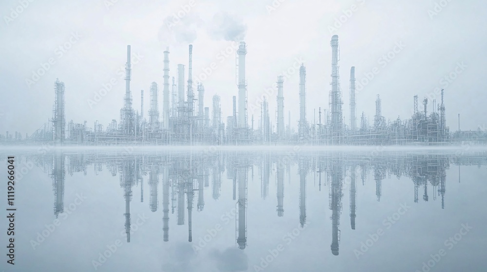 Foggy industrial complex reflected in calm water. Generative ai Foggy industrial complex reflected in calm water. Generative ai