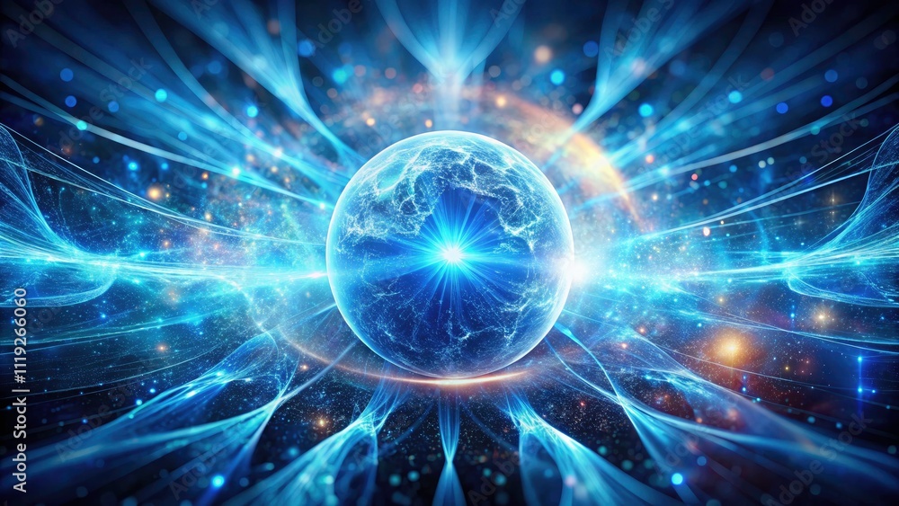 Abstract Round Blue Sphere with Glowing Rays of Energy and Magic Waves, Vibrant Particles and Dots, Captivating Macro Photography Background Abstract Round Blue Sphere with Glowing Rays of Energy and Magic Waves, Vibrant Particles and Dots, Captivating Macro Photography Background