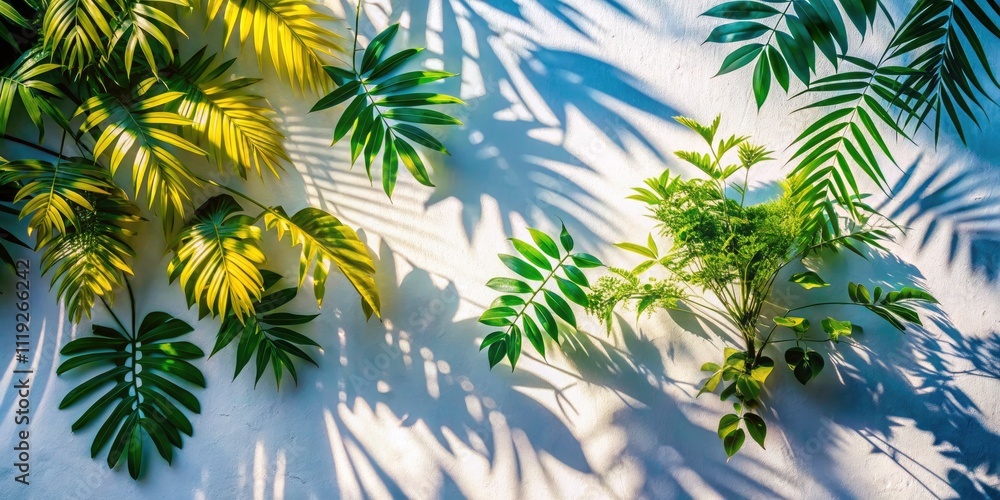 Abstract Silhouette of Tropical Leaves on Wall - Aerial Photography of Natural Shadows and Sunlight Effects Abstract Silhouette of Tropical Leaves on Wall - Aerial Photography of Natural Shadows and Sunlight Effects