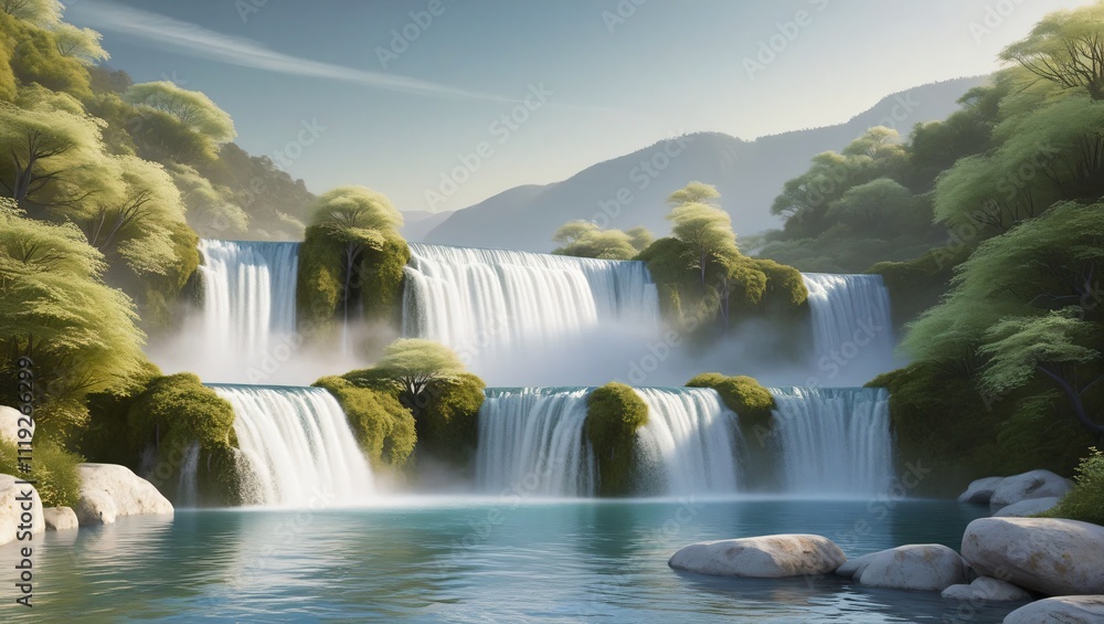 Fototapeta premium AI GENERATE, mountain river with cascading waterfalls, surrounded by soft green foliage.