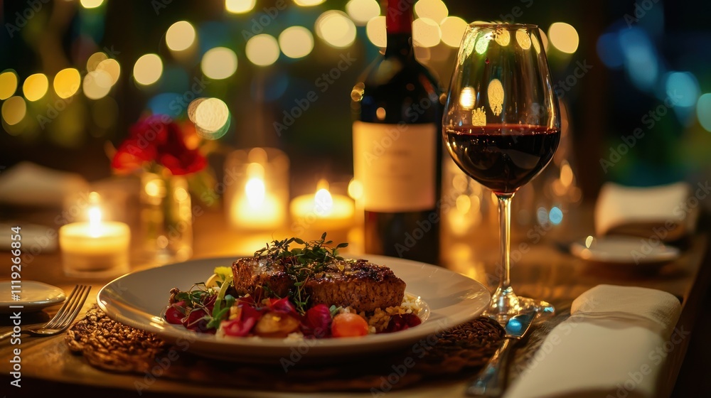A beautifully plated meal for two with candles and wine, set on a cozy restaurant table A beautifully plated meal for two with candles and wine, set on a cozy restaurant table