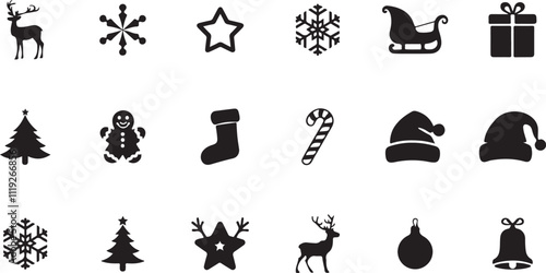 Christmas vector icon set: Black and white festive icons for holiday designs and clipart, including silhouettes.