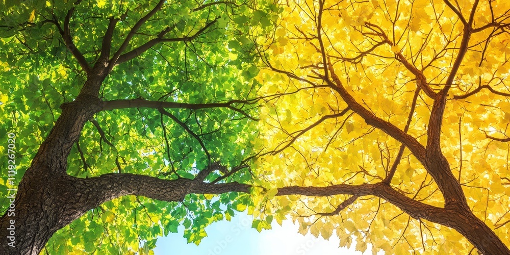 Fototapeta premium Vibrant tree showcasing a mix of green and yellow leaves, illustrating the beauty of a tree transitioning through seasons with its striking green and yellow foliage.