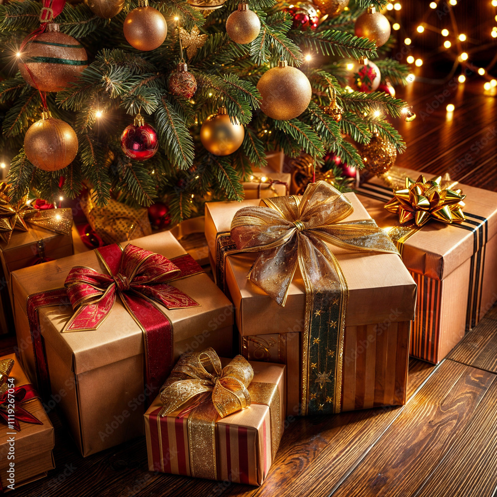 The image shows Christmas presents wrapped in gold and brown paper, adorned with red and gold ribbons, placed under a decorated Christmas tree with twinkling lights. The scene is set in a cozy room wi The image shows Christmas presents wrapped in gold and brown paper, adorned with red and gold ribbons, placed under a decorated Christmas tree with twinkling lights. The scene is set in a cozy room wi