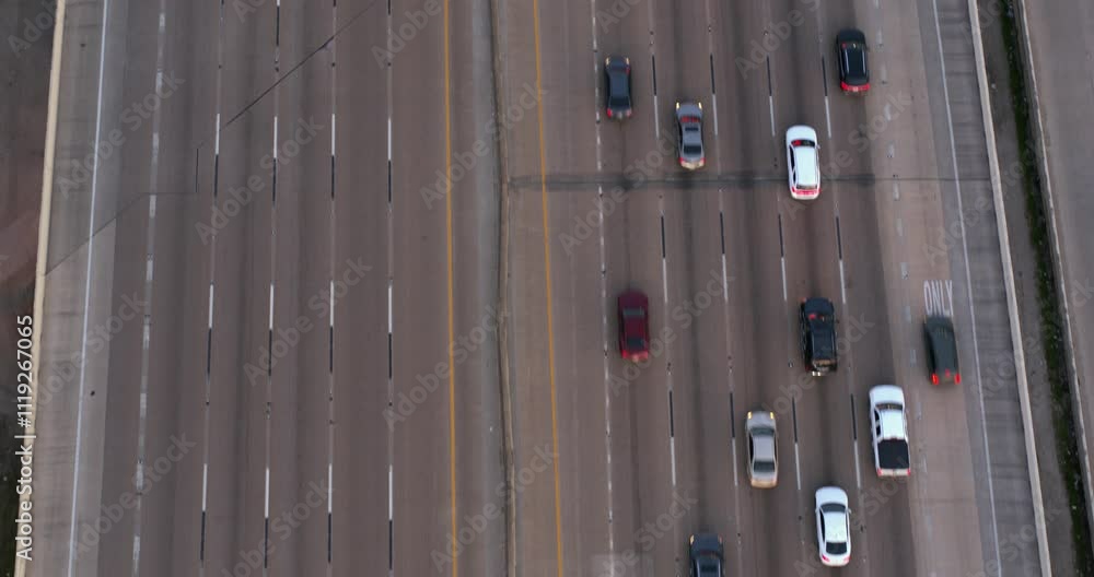 Birds eye view of cars on I-10 West and East freeway in Houston, Texas Birds eye view of cars on I-10 West and East freeway in Houston, Texas