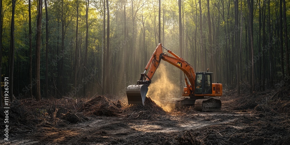 Freshly cut trees for a residential construction site, showcasing the backhoe clearing forest and emphasizing land clearing activities for new development projects. Freshly cut trees play a crucial