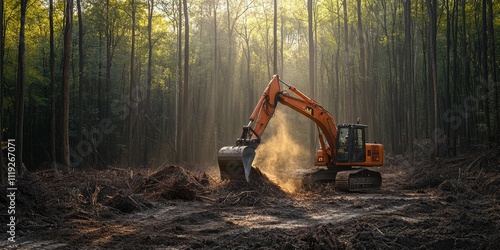 Obraz na płótnie Freshly cut trees for a residential construction site, showcasing the backhoe clearing forest and emphasizing land clearing activities for new development projects. Freshly cut trees play a crucial w salonie