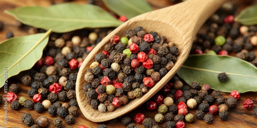 Aromatic pepper and bay leaves are combined and stirred with a wooden spoon, creating a flavorful blend of aromatic spices and herbs perfect for enhancing dishes with aromatic flavors. Aromatic pepper and bay leaves are combined and stirred with a wooden spoon, creating a flavorful blend of aromatic spices and herbs perfect for enhancing dishes with aromatic flavors.