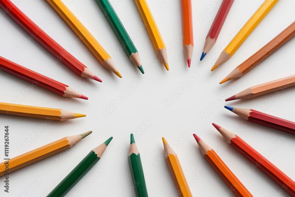 a close up of a circle of colored pencils on a white surface a close up of a circle of colored pencils on a white surface