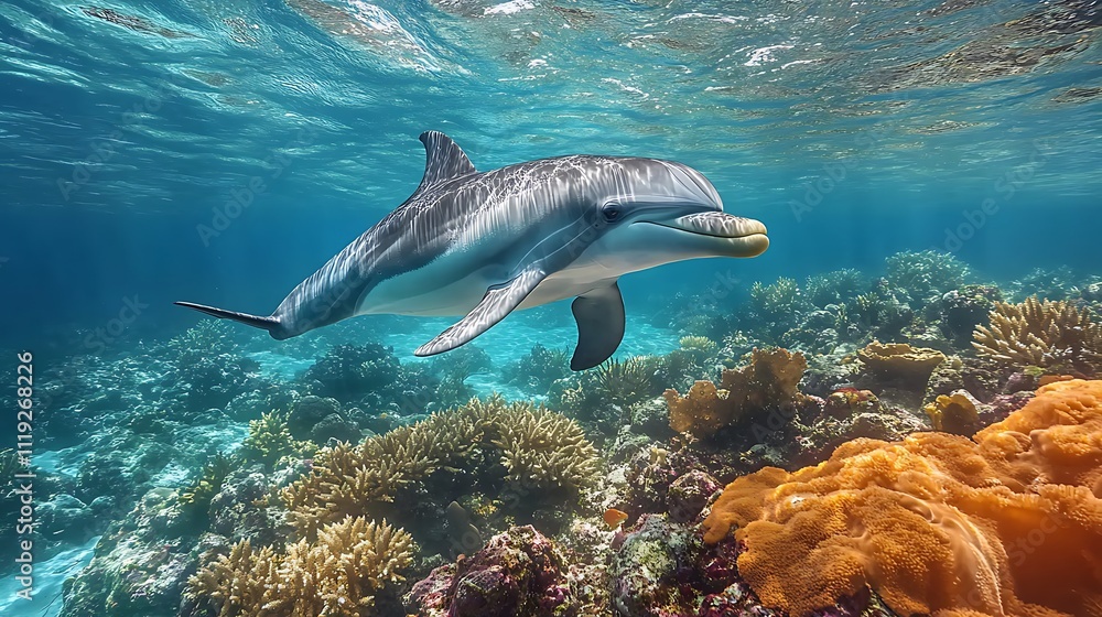 Fototapeta premium Dolphin swimming in vibrant coral reef.