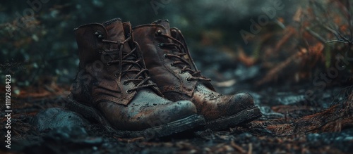 Old leather boots with torn seams, covered in mud and scratches, placed in a forest setting, cinematic lighting