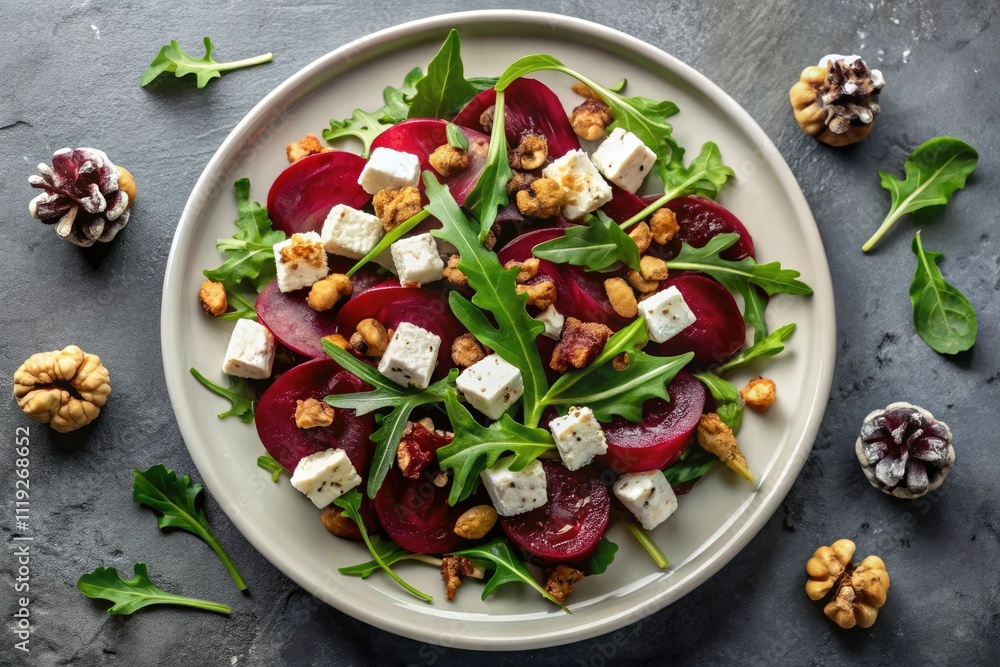 Beetroot Salad Recipe: Blue Cheese, Arugula & Walnut Top View Photography Beetroot Salad Recipe: Blue Cheese, Arugula & Walnut Top View Photography