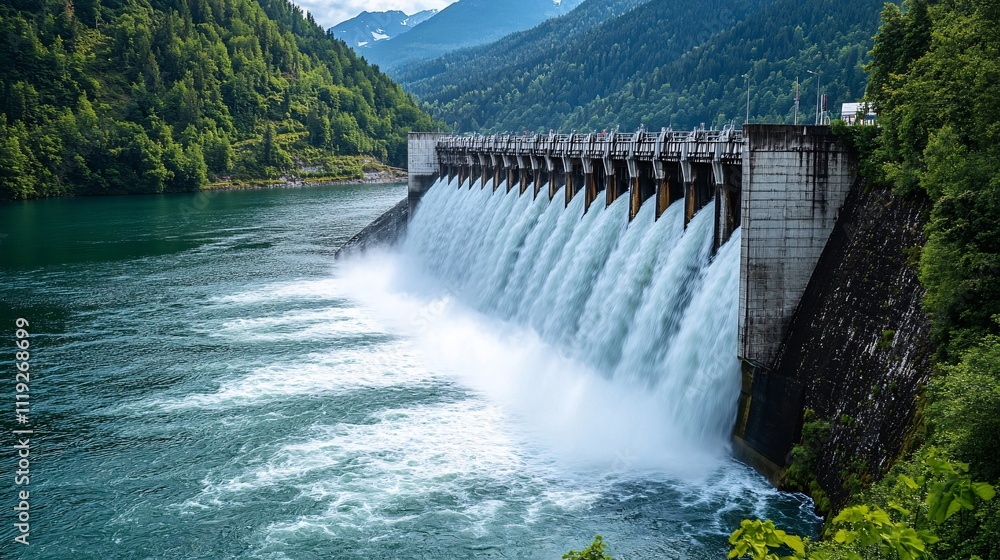 Hydroelectric dam releasing water into a river surrounded by lush green mountains. Hydroelectric dam releasing water into a river surrounded by lush green mountains.