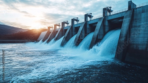 Hydroelectric dam releasing water at sunset. Generative ai photo