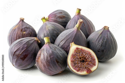 A Group of Figs, One Sliced Open, Isolated on a White Background.