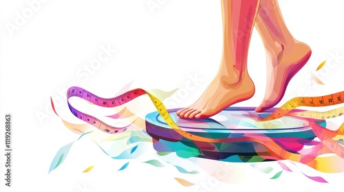 A colorful illustration of feet on a scale, surrounded by measuring tape, symbolizing weight management.