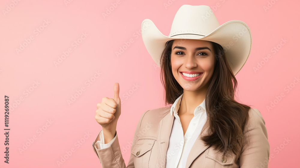 Cowgirl Confidence: A radiant woman in a classic white cowboy hat beams with confidence and gives a thumbs-up, radiating positivity against a vibrant pink backdrop. Her smile is infectious. Cowgirl Confidence: A radiant woman in a classic white cowboy hat beams with confidence and gives a thumbs-up, radiating positivity against a vibrant pink backdrop. Her smile is infectious.