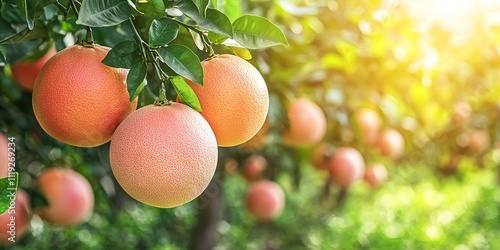 Fresh ripe grapefruit hanging from the tree, showcasing a bounty of ripe grapefruit ready for harvest in a vibrant orchard filled with ripe grapefruit and lush green foliage.