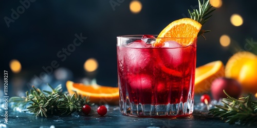 Vibrant red cocktail featuring fresh orange slices and ice stones, creating a refreshing drink experience with bright colors and delightful flavors. Perfect for any cocktail enthusiast. photo