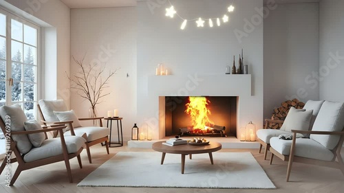 Minimalist Scandinavian living room with cozy fireplace and snowy winter landscape views