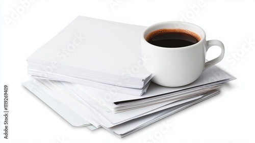 Stack of blank papers beside a white coffee mug filled with dark coffee on a clean surface
