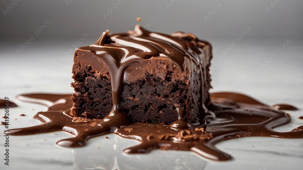 chocolate flowing on brownie isolated on white background chocolate flowing on brownie isolated on white background