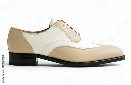 A glossy white beige shoe with fine stitching and a sophisticated design, shown in a side profile to emphasize its upscale appeal on the studio white background. photo